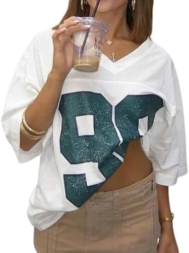 Jersey Shirts for Women Y2k Graphic Number Shirt Oversized V Neck